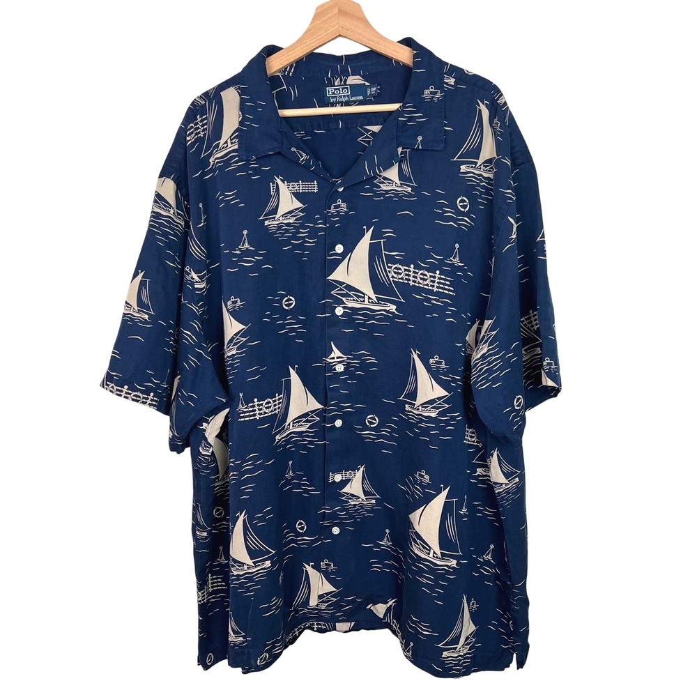 Polo Ralph Lauren Silk Linen Sailboat Short Sleeve Camp Shirt Mens 3XB Big Navy‎
